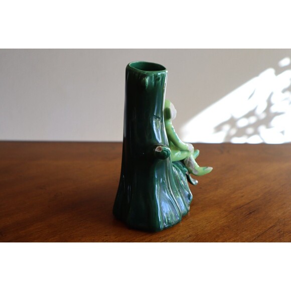 BROKEN Treasure Craft Vase Green Pixie Elf Sprite on Tree Vintage 1960s 5.7" - Picture 4 of 14